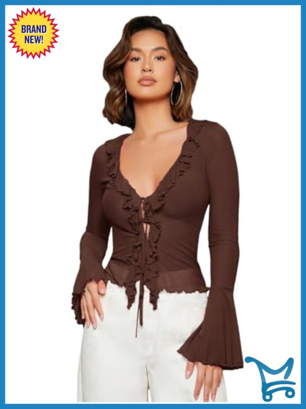 Sheer Mesh V Neck Bell Sleeve Tie Front Ruffle Blouse Top
